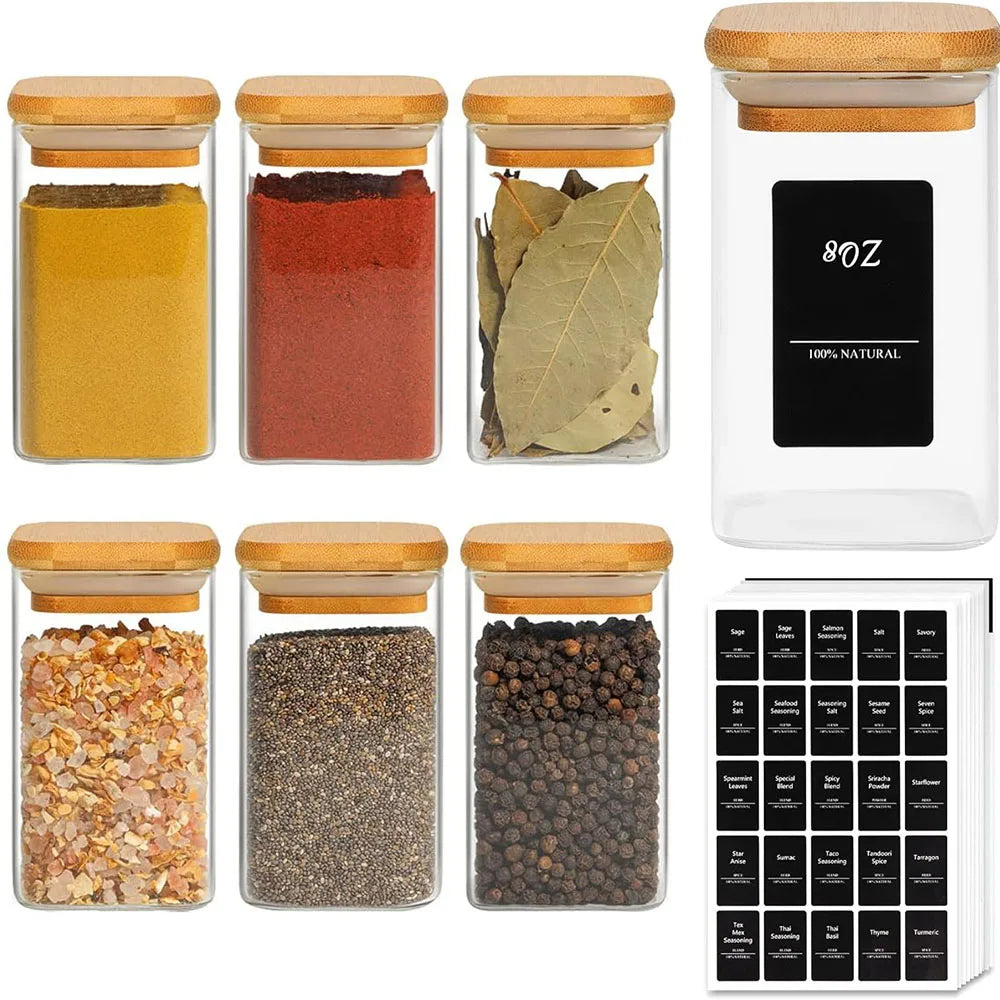 Glass Spice Jars with Bamboo Lids & Labels