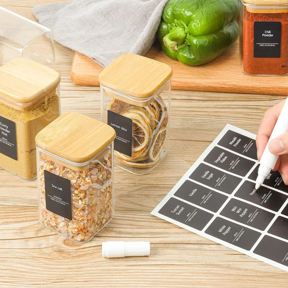 Glass Spice Jars with Bamboo Lids & Labels