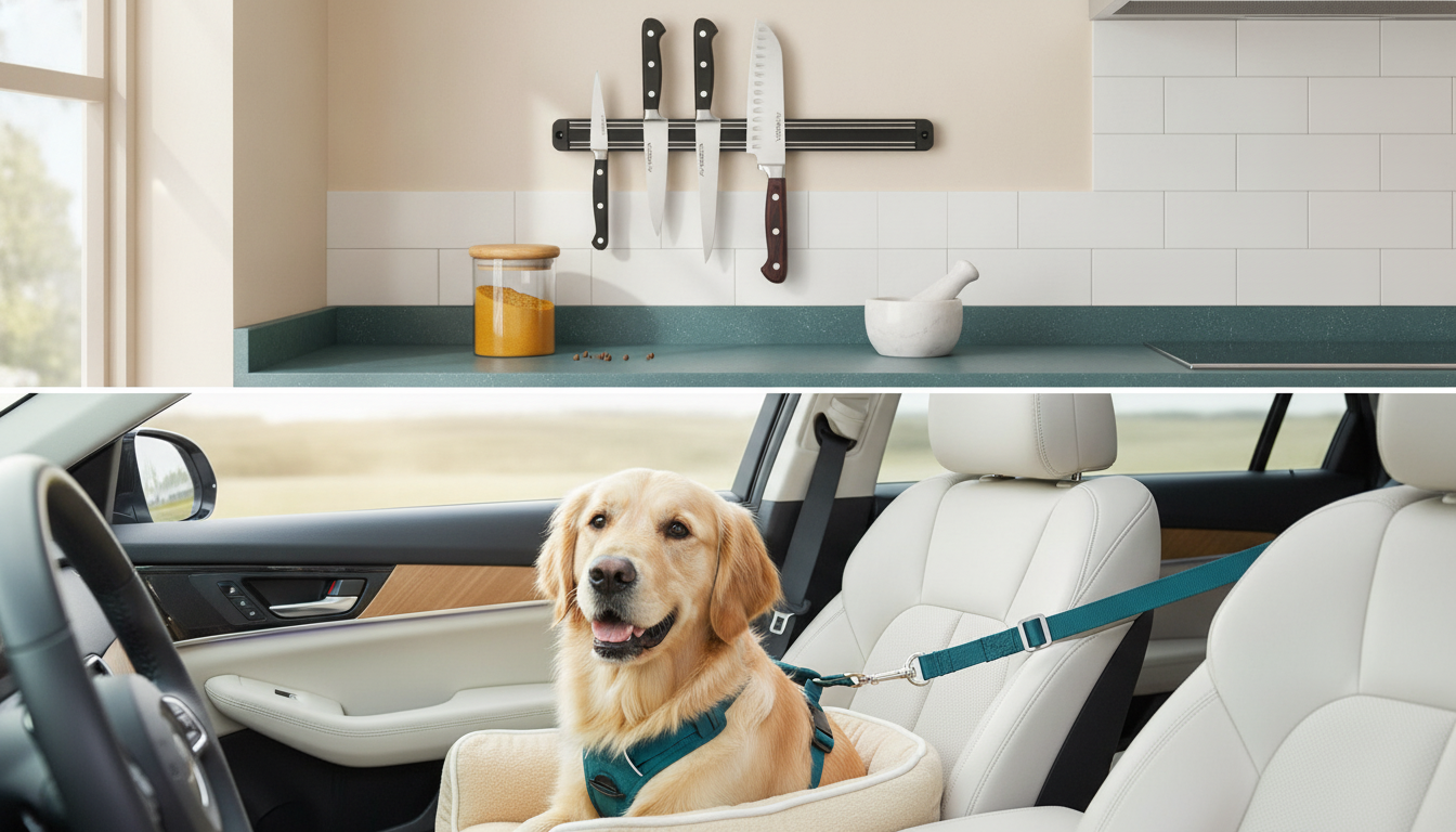 Magnetic knife strip on a cream kitchen wall, a glass spice jar on a deep teal counter, and a pet car seatbelt in a car seat,