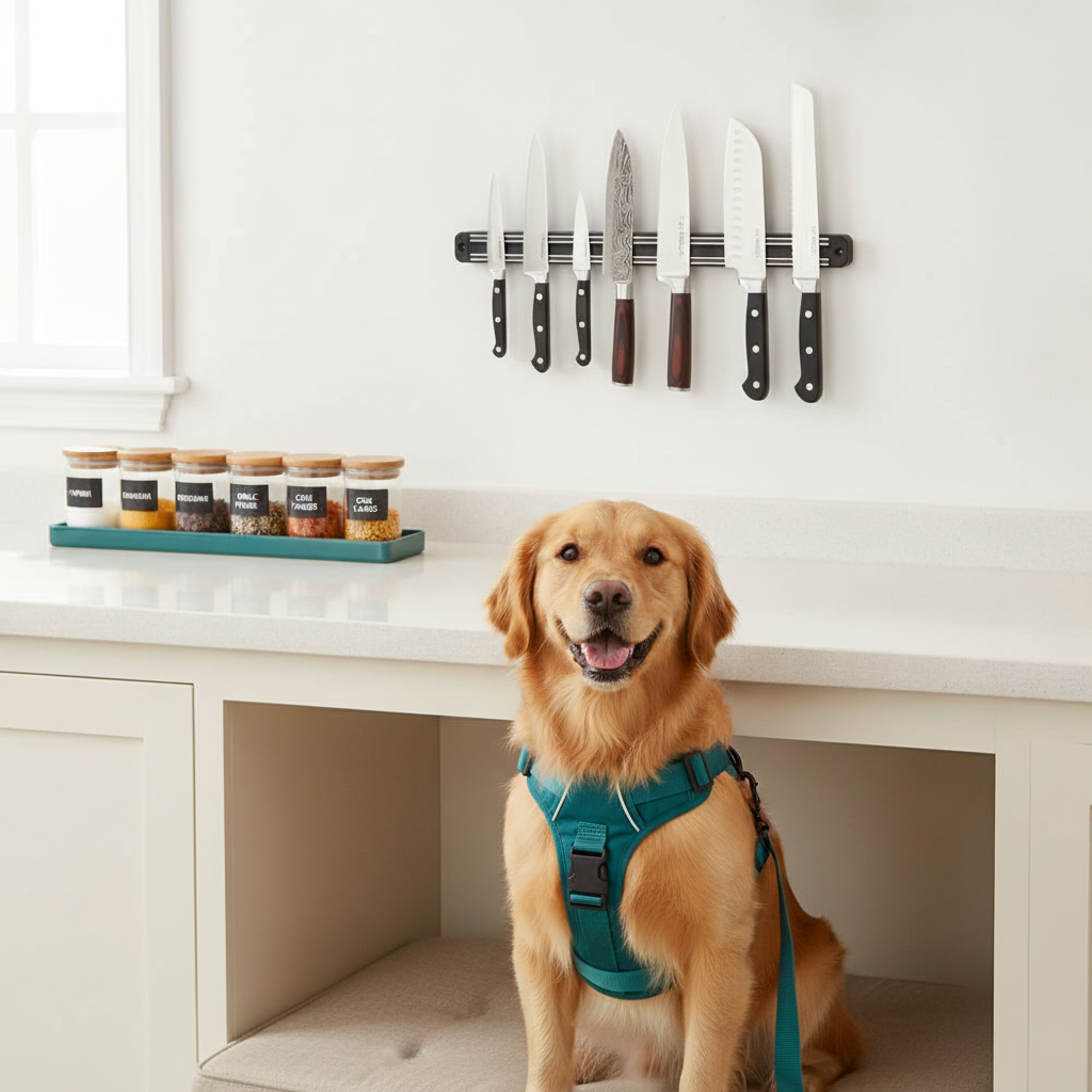 A 13-inch magnetic knife strip with knives, glass spice jars with bamboo lids on a teal tray, and a golden retriever wearing 