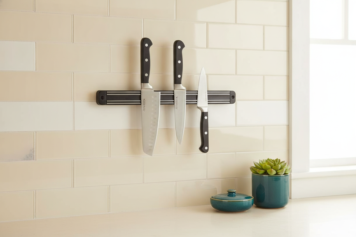 A 13-inch magnetic knife strip mounted on a white kitchen wall, holding three knives securely. A small teal plant pot sits on